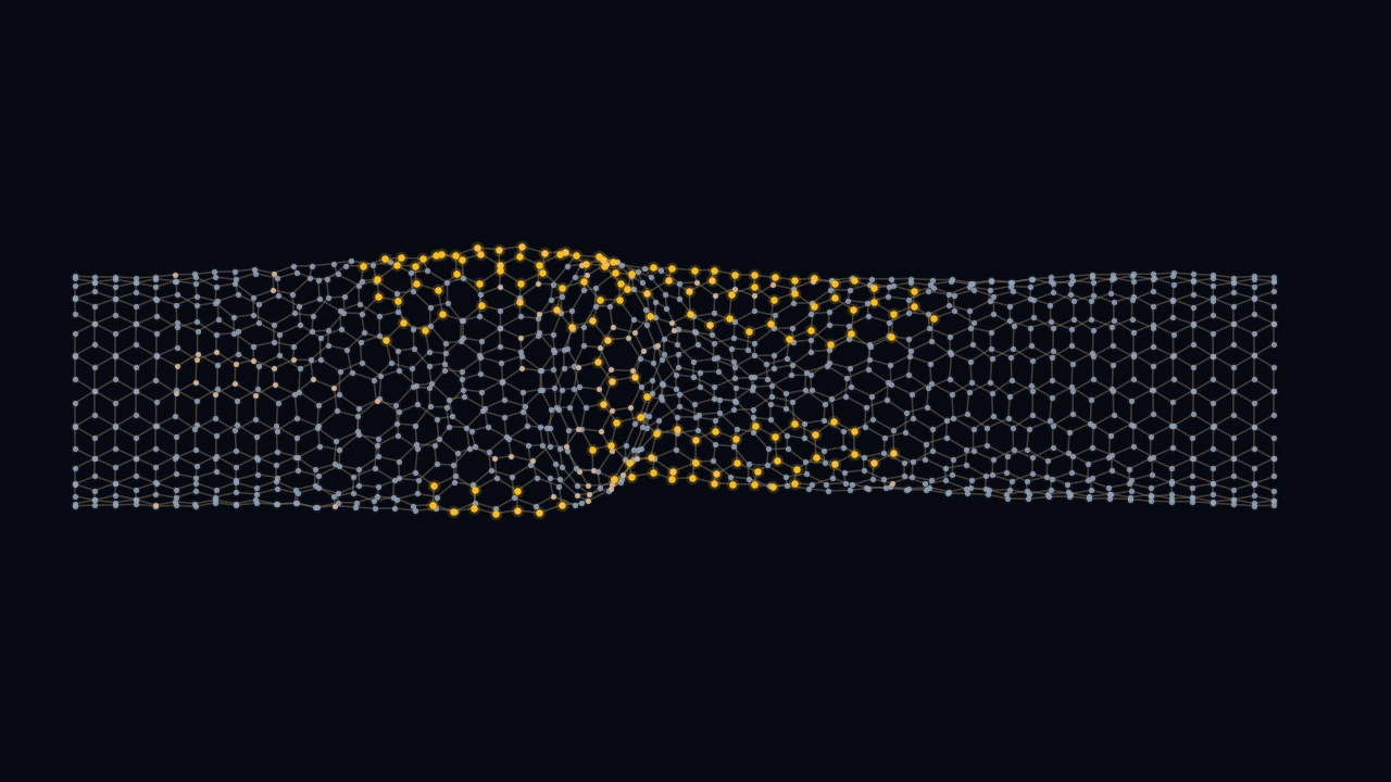 Side view of a (10,10) carbon nanotube after buckling. Hex bonds, amber highlight on the mid-span kink.