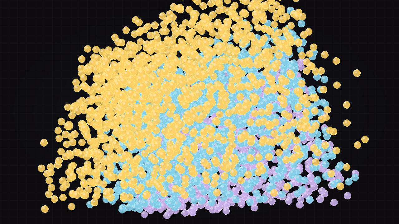 A molecular dynamics crystal-melt render from QuickMDSim: an ordered amber, sky, and violet FCC lattice seeding thermal defects and melting into a disordered liquid.